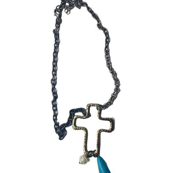 Luxury Logo Upcycled Canvas Bag Necklace with Vintage Cross Necklace W/ Pearl - Picture 14 of 17